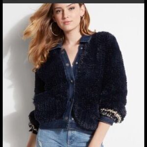 Guess Los Angeles Faux Fur Jacket Women’s Large Blue Denim Trim Sherpa Y2K Retro